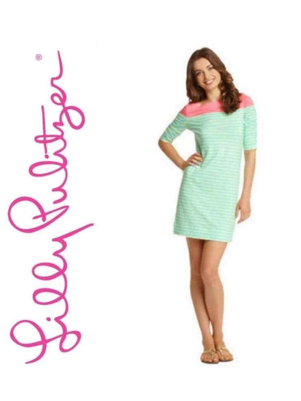 Striped Aqua & Yellow Shift Dress with Pink Yoke size small, Lilly Pulitzer